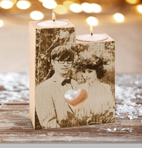 Engraved Wood Candle Holders, Personalized with your own photo